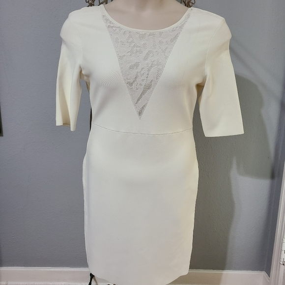 NWT BCBG Maxazria Jaydan Pointelle Trim Scoop Back Body Con‎ Off White Dress L